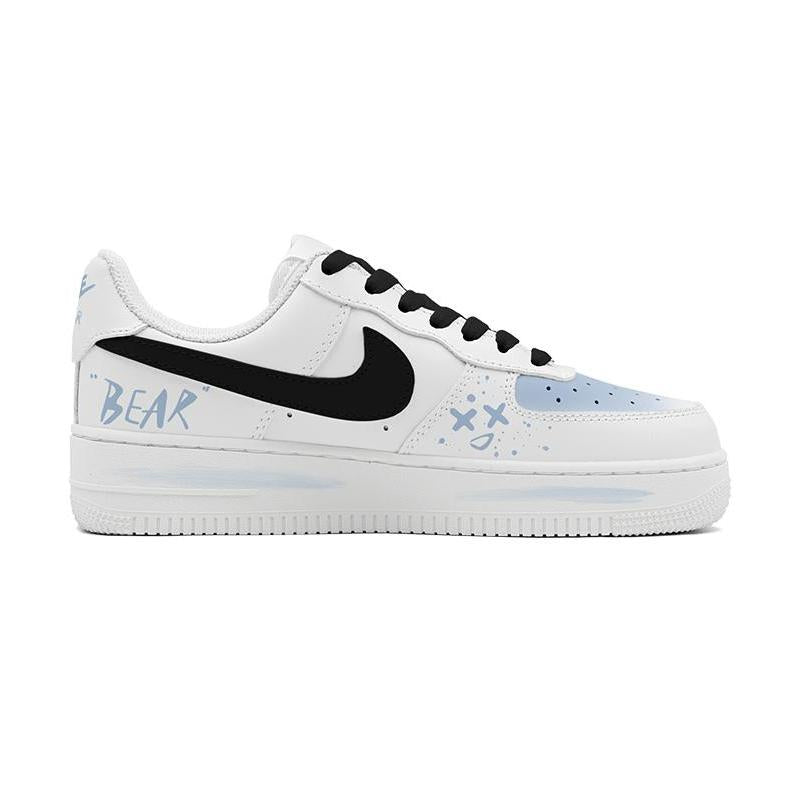 [Custom Blue Bear Out]  Air Force 1 Skateboarding Shoes Women's Low-top Black