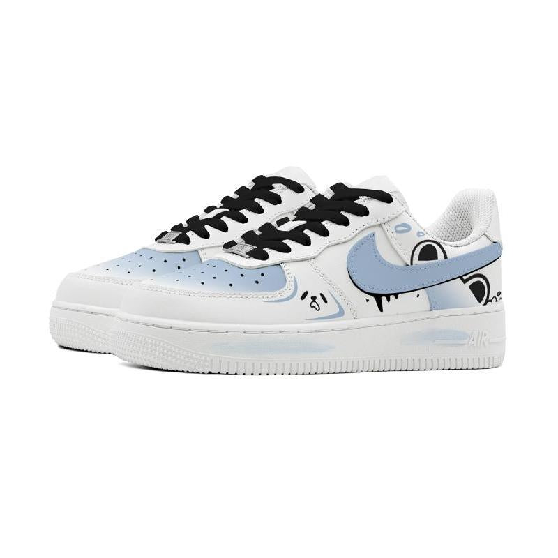 [Custom Blue Bear Out]  Air Force 1 Skateboarding Shoes Women's Low-top Black