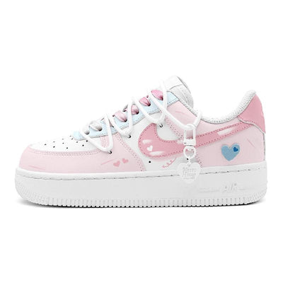 [Custom Blue and Pink heart]  Air Force 1 Skateboarding Shoes Women's Low-top Blue/pink/white