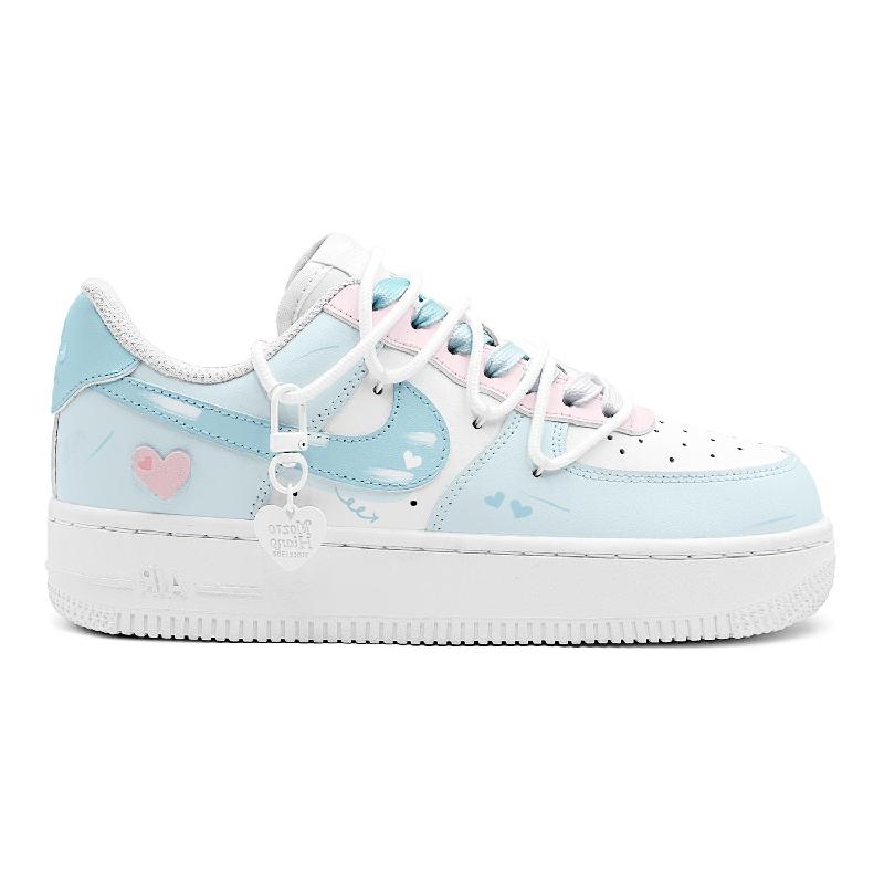 [Custom Blue and Pink heart]  Air Force 1 Skateboarding Shoes Women's Low-top Blue/pink/white