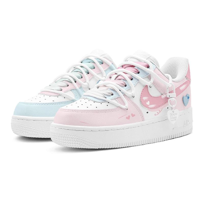 [Custom Blue and Pink heart]  Air Force 1 Skateboarding Shoes Women's Low-top Blue/pink/white