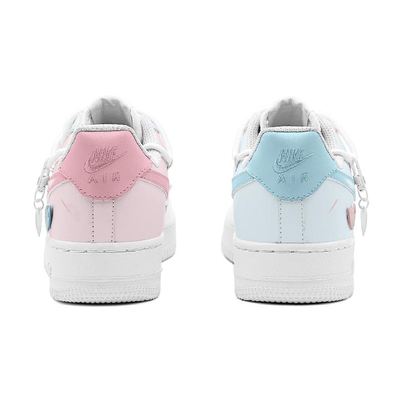 [Custom Blue and Pink heart]  Air Force 1 Skateboarding Shoes Women's Low-top Blue/pink/white