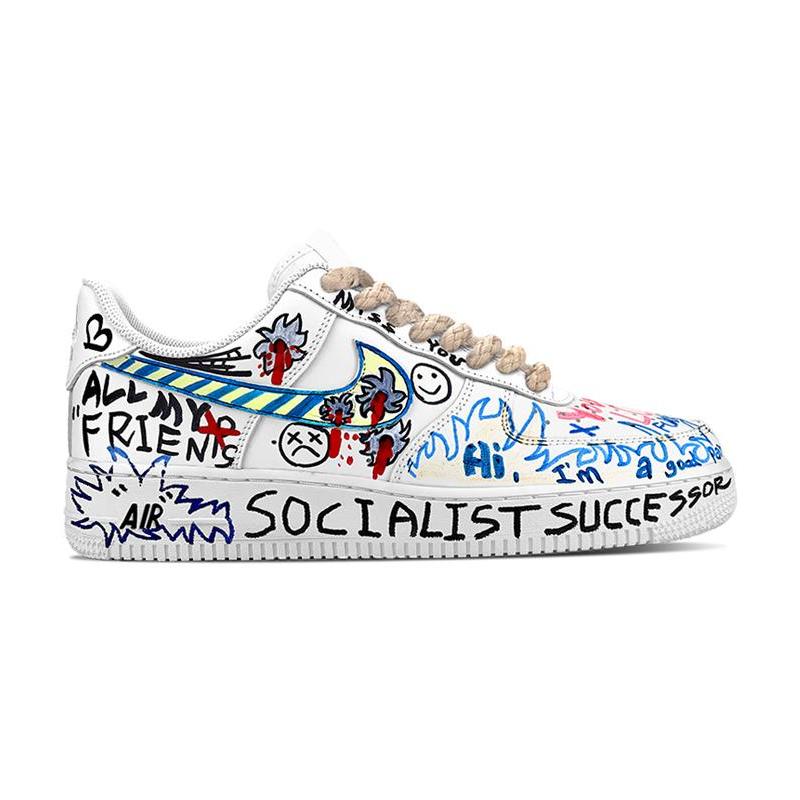 [Custom Female street graffiti in GD color]  Air Force 1 Skateboarding Shoes Women's Low-top White/Blue/Black