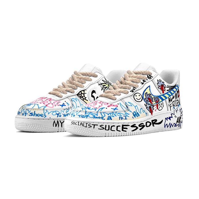 [Custom Female street graffiti in GD color]  Air Force 1 Skateboarding Shoes Women's Low-top White/Blue/Black
