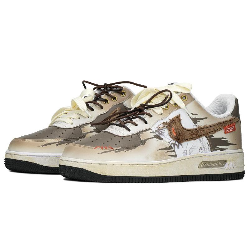 [Custom Auspicious bamboo]  Air Force 1 Skateboarding Shoes Men Low-top White/brown/beige