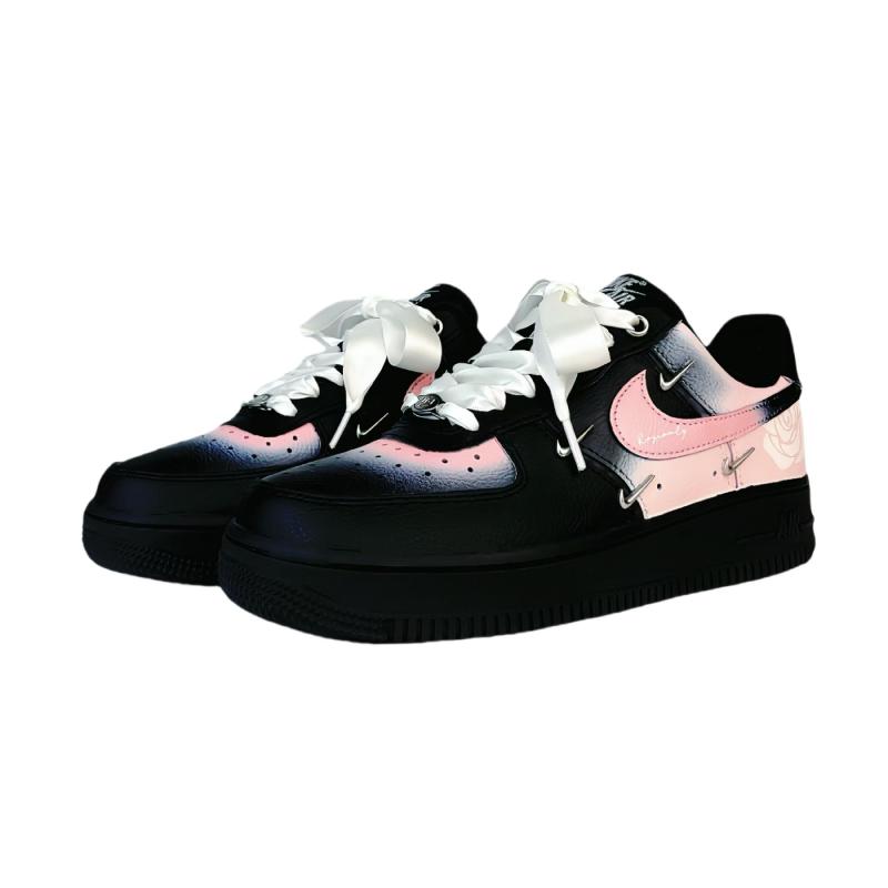 [Custom Pink and black rose with four hooks]  Air Force 1 Skateboard Shoes Women's Low-Top Black/Pink/White