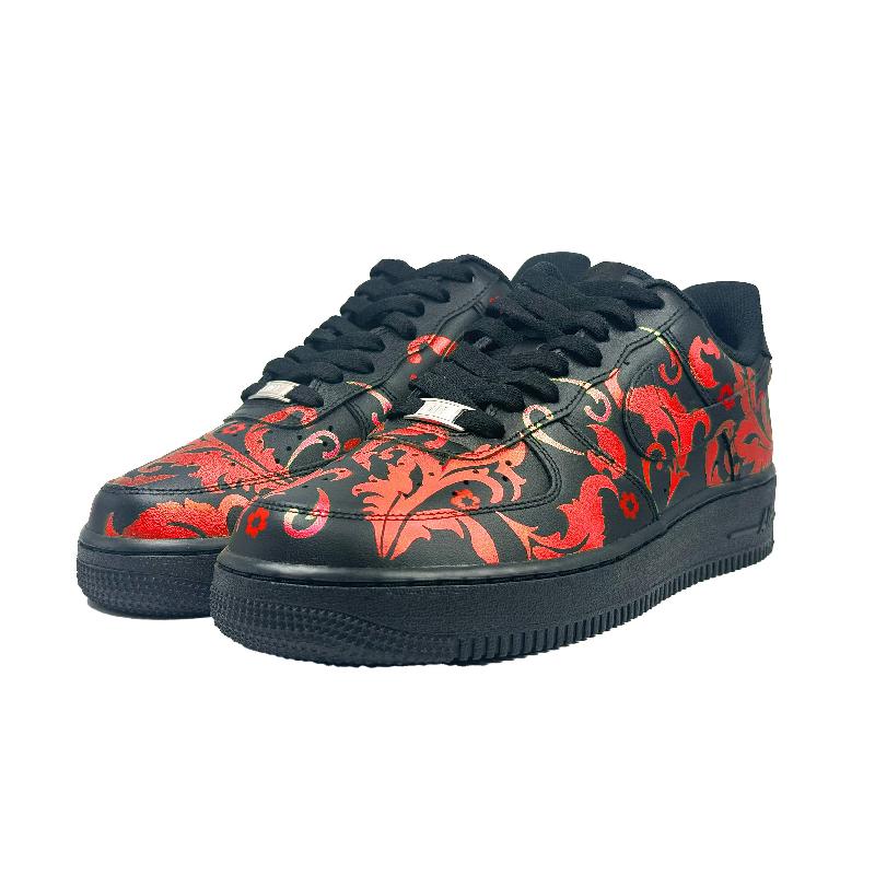 [Custom Fiery red flowers]  Air Force 1 Skateboard Shoes Unisex Low-Top Black/Red
