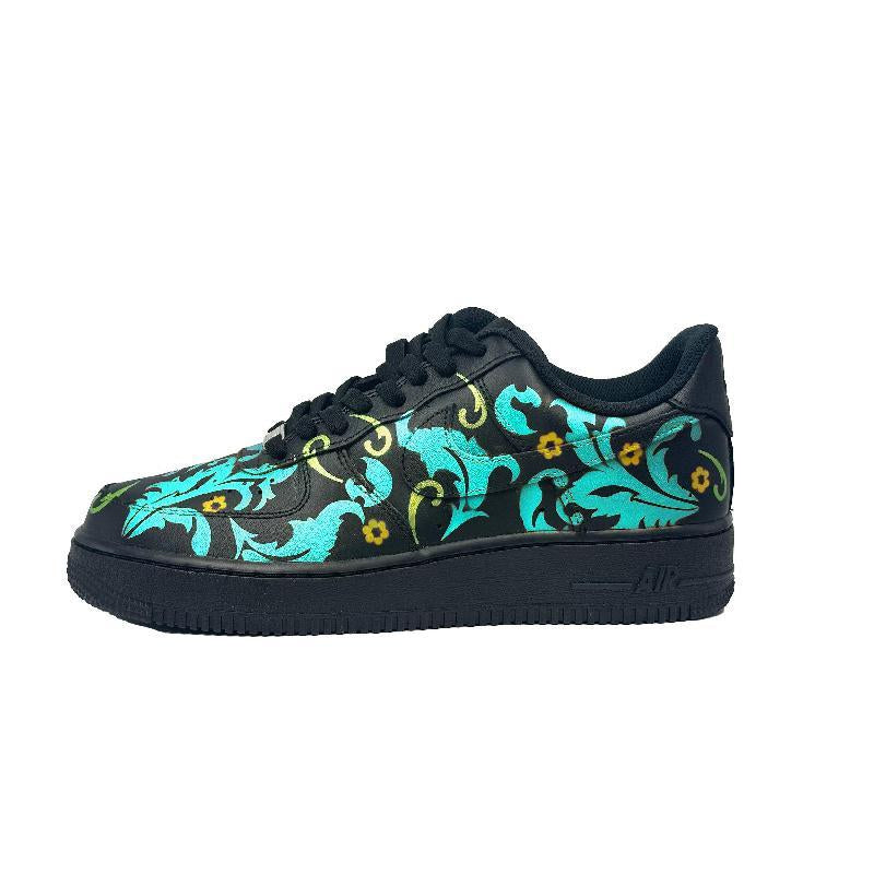 [Custom Blue and yellow flowers]  Air Force 1 Skateboard Shoes Unisex Low-Top Black/Blue
