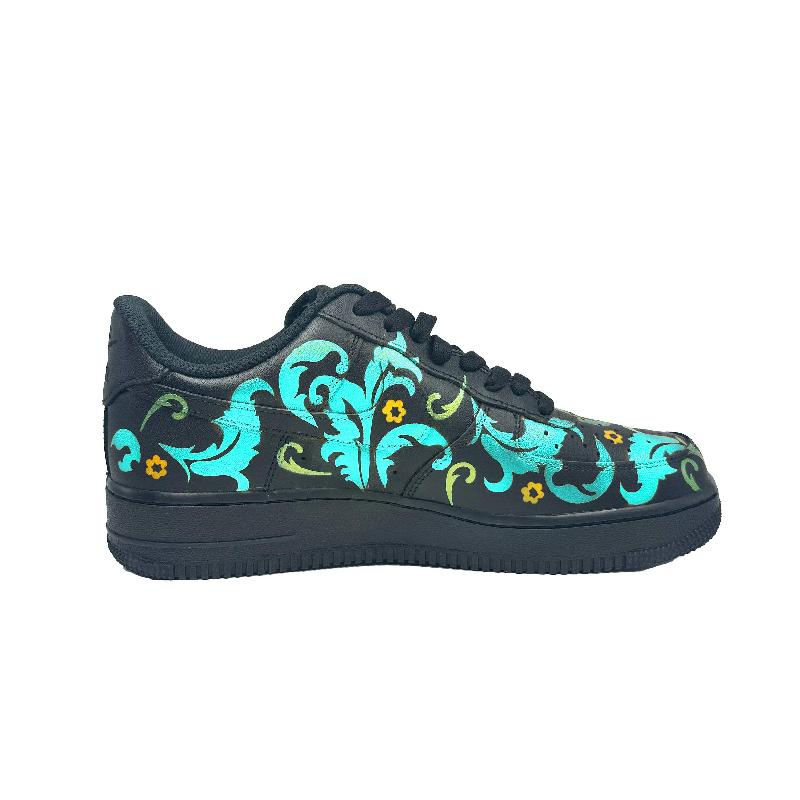 [Custom Blue and yellow flowers]  Air Force 1 Skateboard Shoes Unisex Low-Top Black/Blue