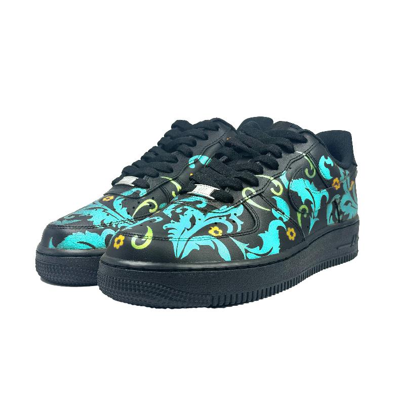 [Custom Blue and yellow flowers]  Air Force 1 Skateboard Shoes Unisex Low-Top Black/Blue