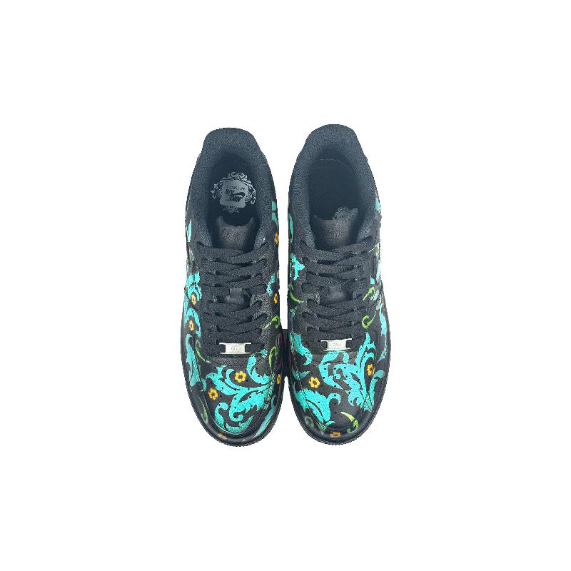 [Custom Blue and yellow flowers]  Air Force 1 Skateboard Shoes Unisex Low-Top Black/Blue