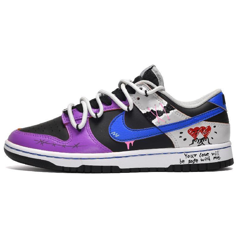 [Custom Men's style: Heart to Heart Blue, Black and purple]  Dunk Skateboarding Shoes Men Low-top Blue-black-purple