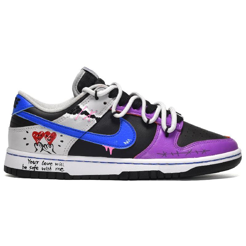 [Custom Men's style: Heart to Heart Blue, Black and purple]  Dunk Skateboarding Shoes Men Low-top Blue-black-purple