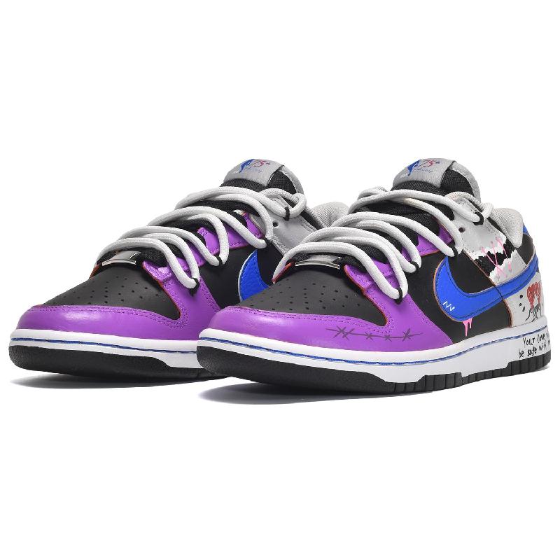 [Custom Men's style: Heart to Heart Blue, Black and purple]  Dunk Skateboarding Shoes Men Low-top Blue-black-purple
