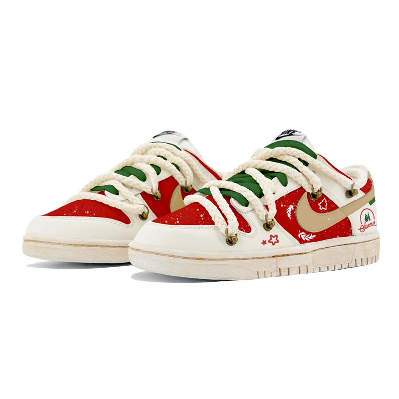 [Custom Red Christmas]  Dunk Skateboarding Shoes Men Low-top Beige/green