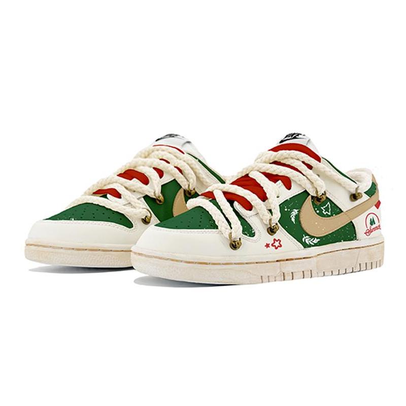[Custom Green Christmas]  Dunk Skateboarding Shoes Men Low-top Beige/Green