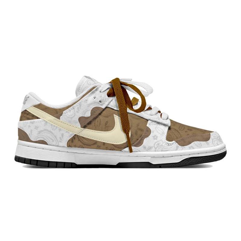 [Custom Women's cashew flower retro white and brown]  Dunk Skateboarding Shoes Women's Low-top Light Khaki