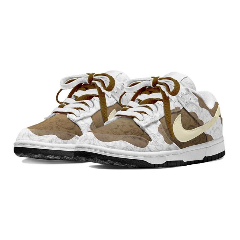 [Custom Women's cashew flower retro white and brown]  Dunk Skateboarding Shoes Women's Low-top Light Khaki