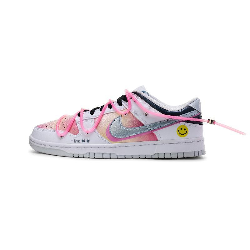 [Custom Pink mesh pattern]  Dunk Skateboarding Shoes Unisex Low-top White/pink/silver