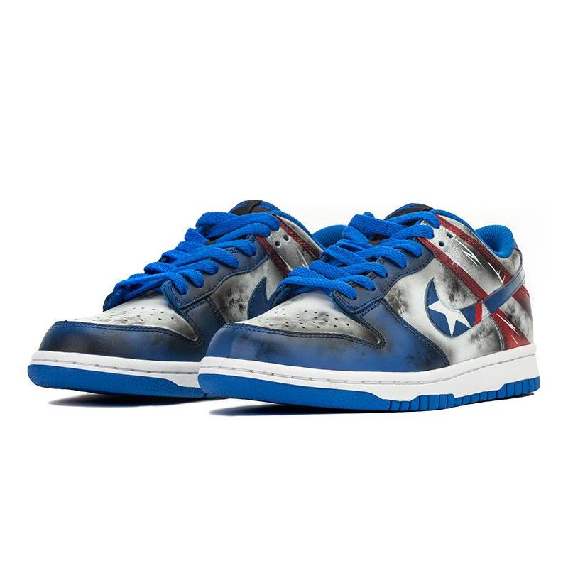 [Custom DKL men's Captain America VIBE]  Dunk Skateboarding Shoes Men Low-top Blue/Red/Gray