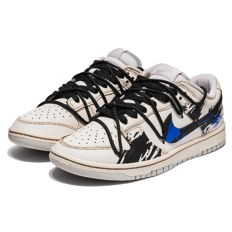 [Custom Men's ink-wash art in black and blue]  Dunk Skateboarding Shoes Men Low-top Blue/Brown