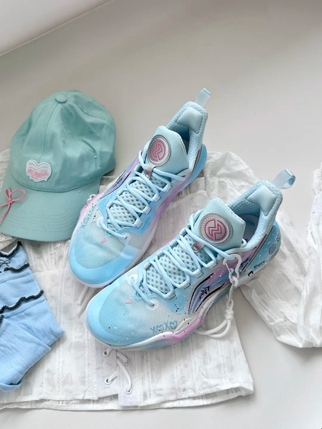 [Blue and pink Color, Scheme Ink Pplattered Old Style] Custom Street LiNing Basketball Shoes Unisex