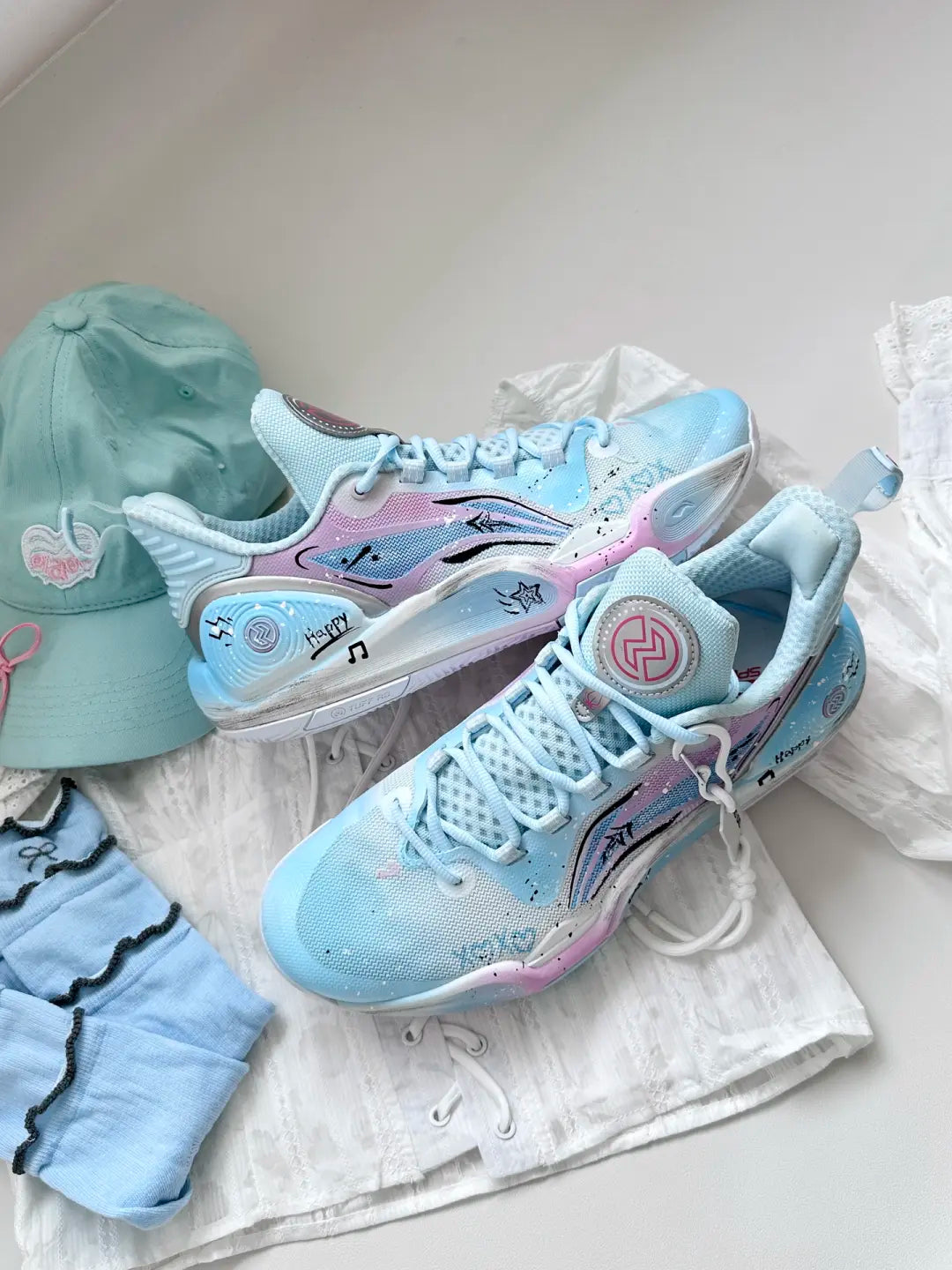 [Blue and pink Color, Scheme Ink Pplattered Old Style] Custom Street LiNing Basketball Shoes Unisex