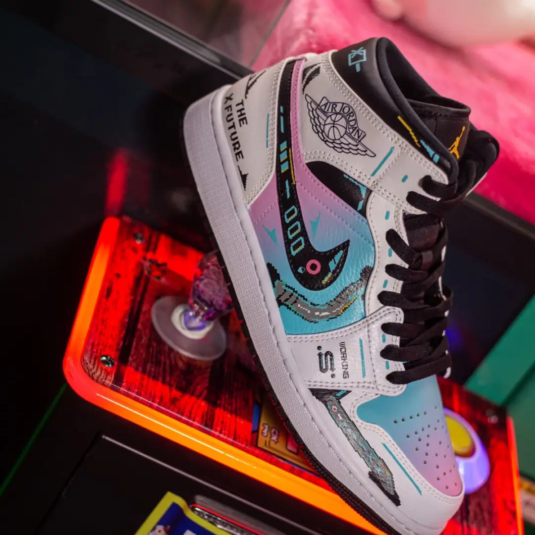 [Custom Cyber Cotton Candy] Jordan Air Jordan 1 Mid Unisex Skateboarding Shoes