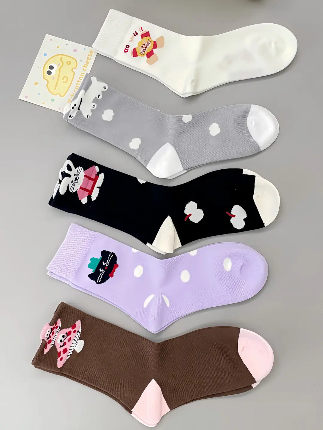 Cute Cartoon Moisture Transferring & Sweat Transferring Comfortable & Breathable Mid Calf Socks 5 Pairs