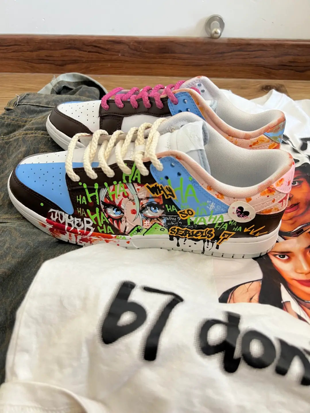 Harley Quinn - Mismatched Sneakers  Graffiti Hand-Painted Men's