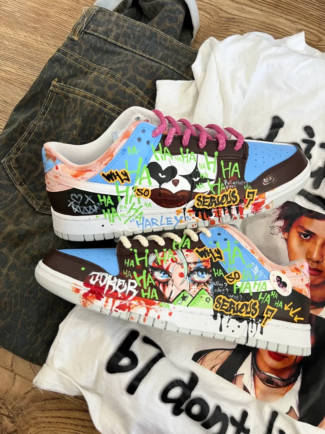 Harley Quinn - Mismatched Sneakers  Graffiti Hand-Painted Men's