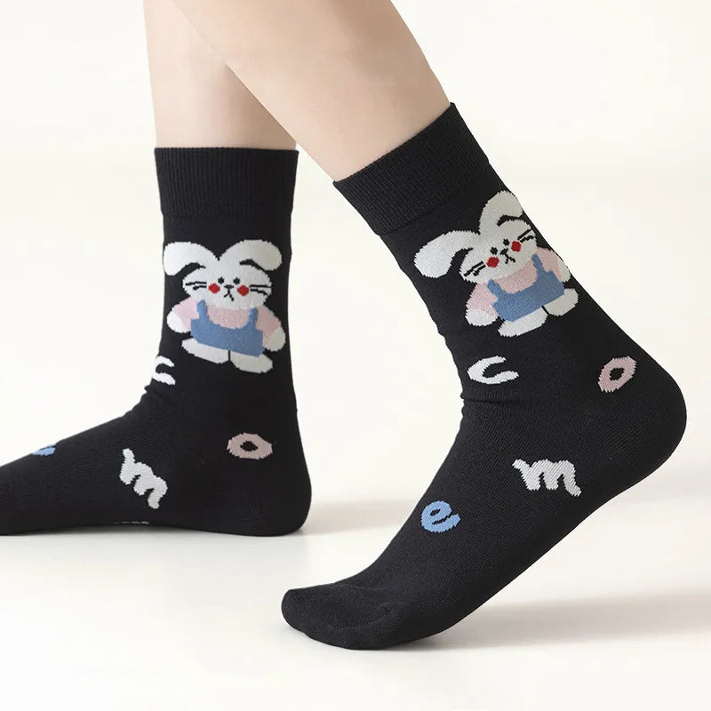 Cute Cartoon Moisture Transferring & Sweat Transferring Comfortable & Breathable Mid Calf Socks 5 Pairs