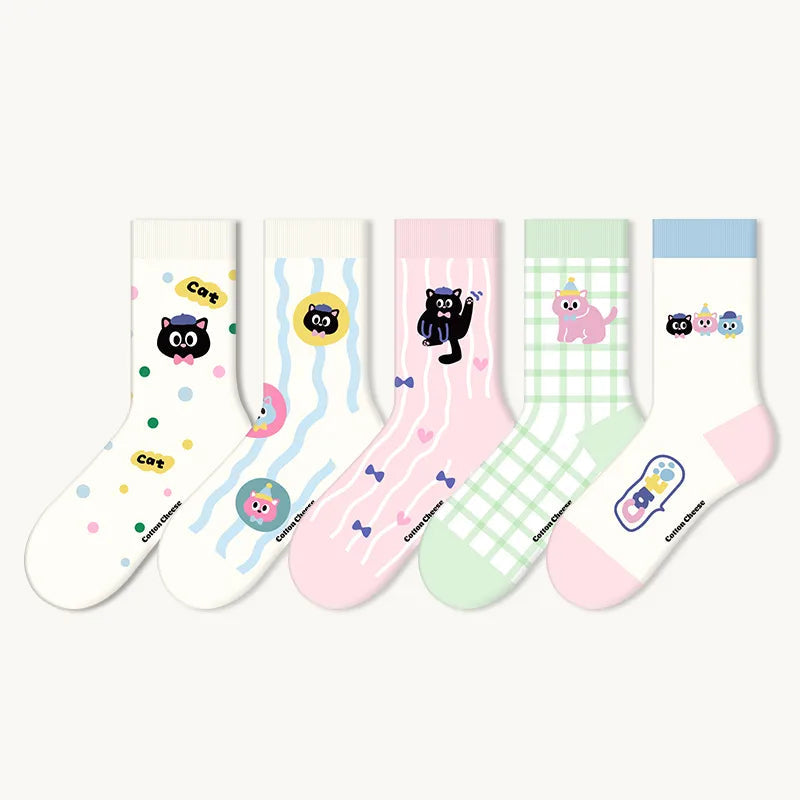 Cute Cartoon Anti-Pilling, Breathable And Comfortable Mid-Calf Socks 5-Pair Set(Size 36-42)