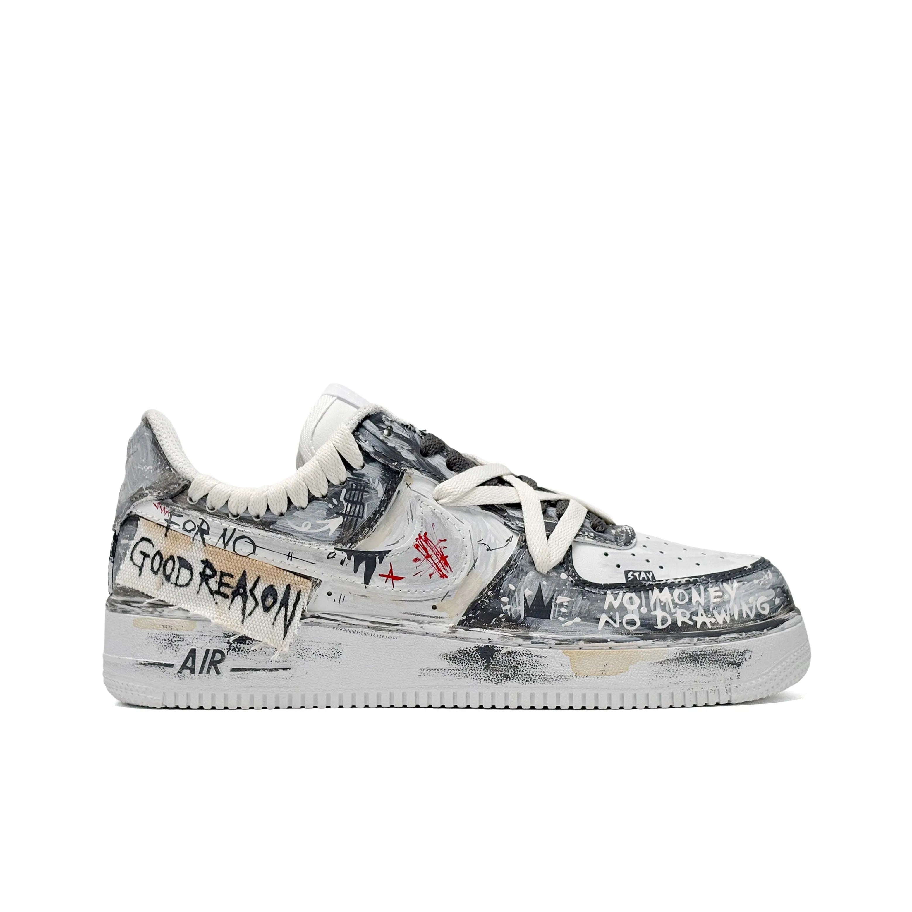 [Customized For No Good Reason] Air Force 1 Low-top Shoes Unisex Graffiti/Star shoelaces Gray