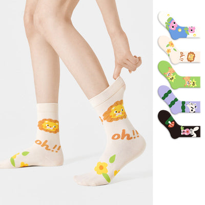Cotton Socks Women Spring Middle Tube Socks Cute Cartoon Spring And Autumn Ladies Long Socks 5 Pairs( Size 35-42)