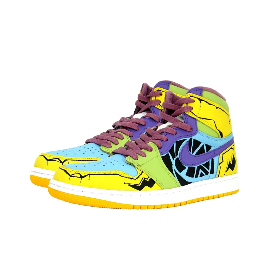 [Custom Stunning] Air Jordan 1 High Top Unisex Skateboarding Shoes Yellow/Green/Blue