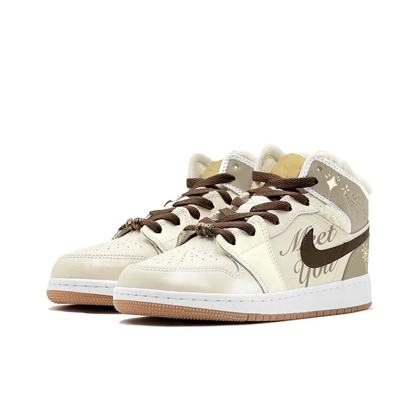 [Custom Warm Winter - Romantic Fireworks] Jordan Air Jordan 1 High Top Female Skateboarding Shoes Khaki Color