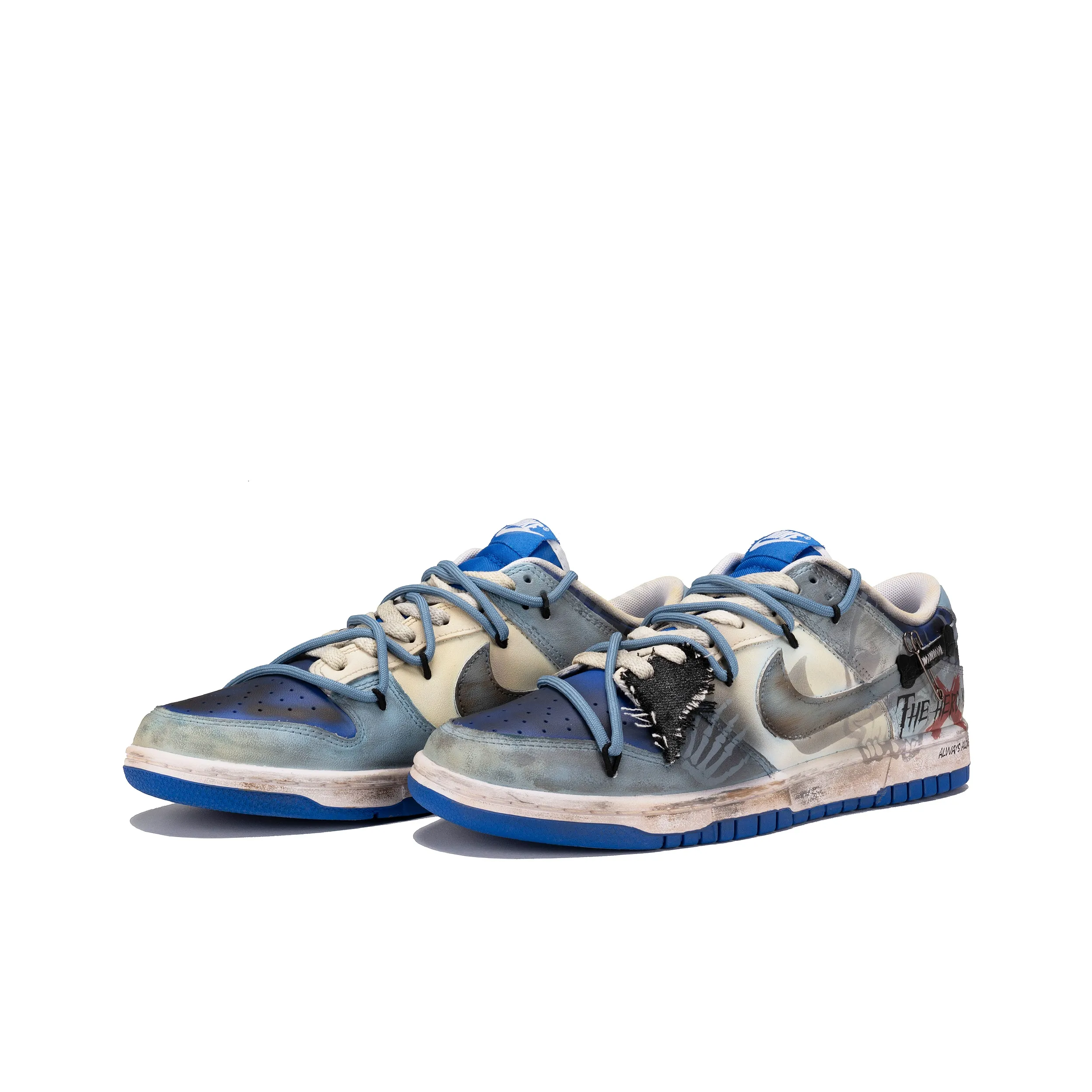 [Custom Doomsday Warning/Skull/Distressed Style] Dunk Low Skateboard Shoes Unisex Blue/Gray