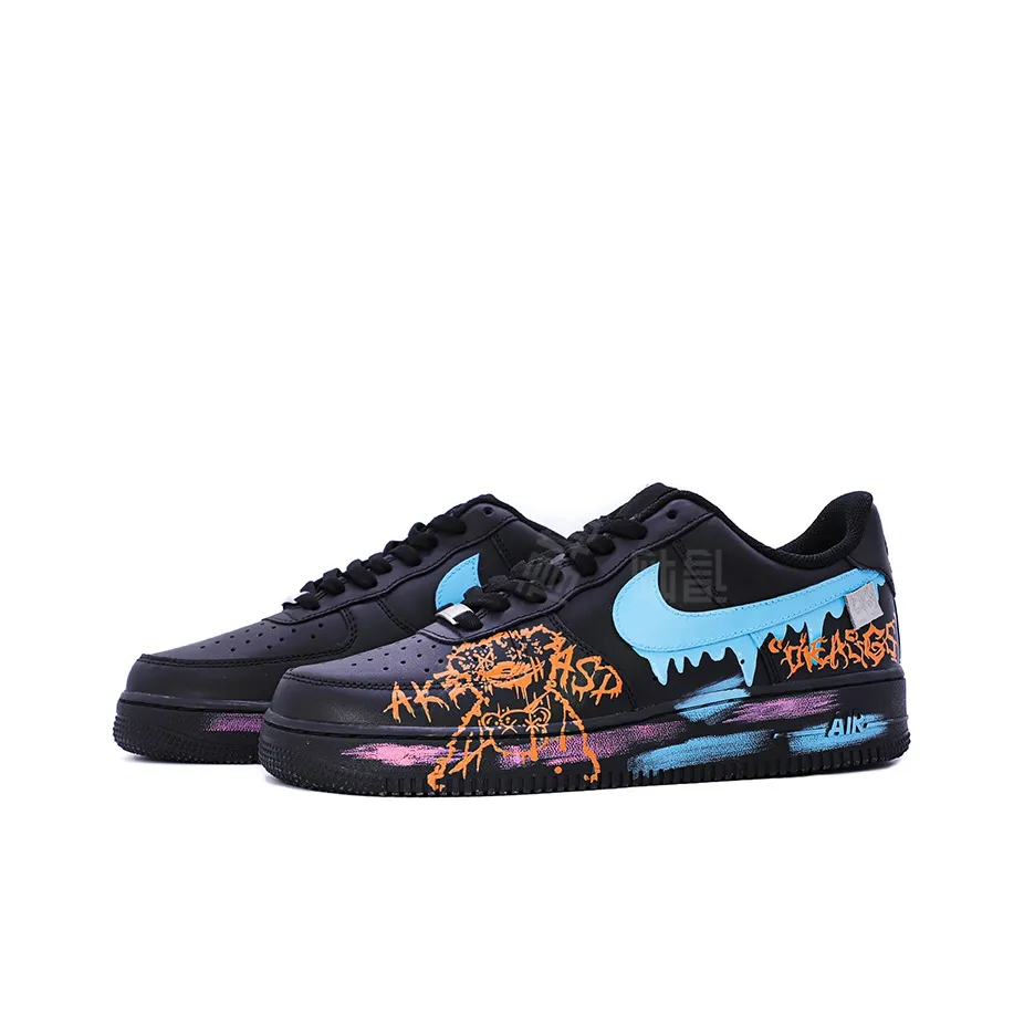 [Custom Bear Black Graffiti] Air Force 1 Skateboarding Shoes Unisex Low-top Blue