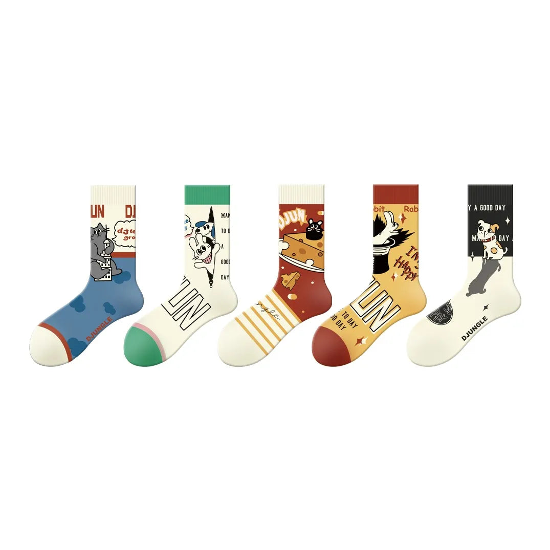 Cute Era - Oil Painting Trend Cartoon Design Sense Boneless Mid-Calf Socks Men And Women Alike 5 Pairs