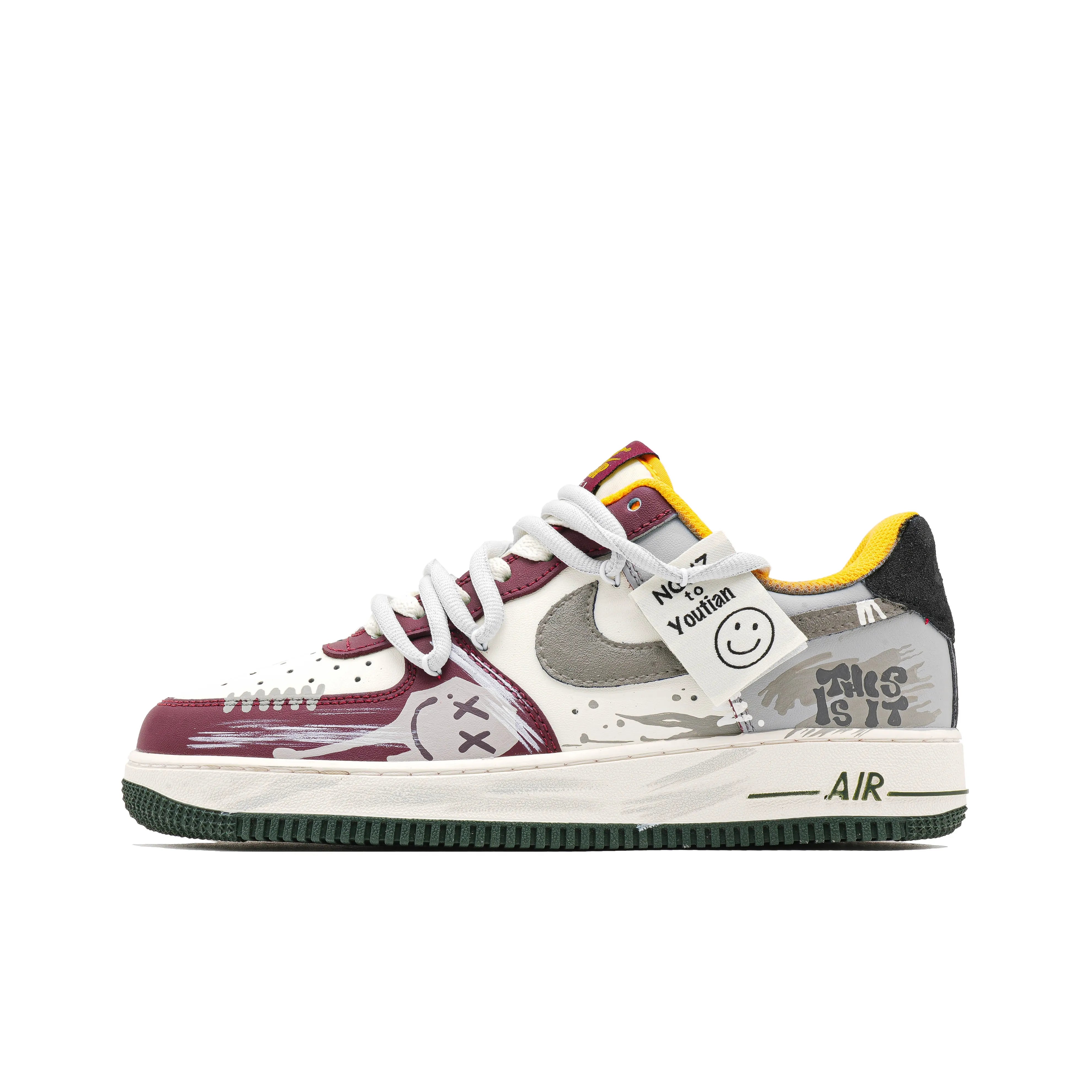 [Customized Smile Face Graffiti] Air Force 1 Shoes Unisex Red/Grey