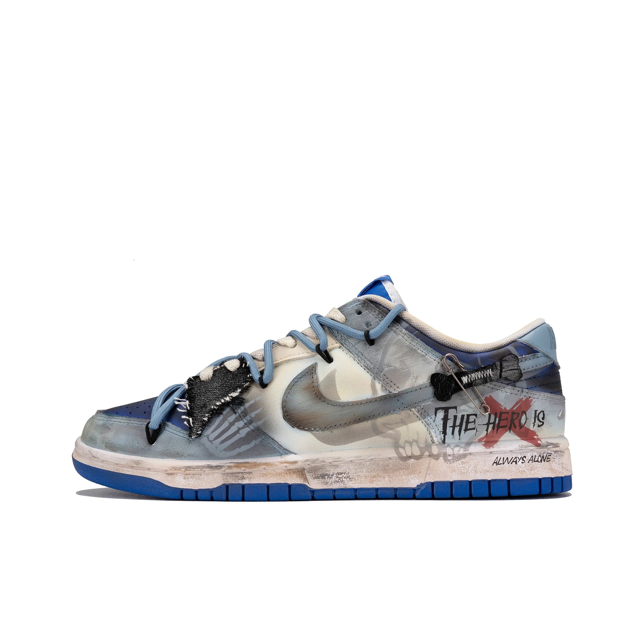 [Custom Doomsday Warning/Skull/Distressed Style] Dunk Low Skateboard Shoes Unisex Blue/Gray