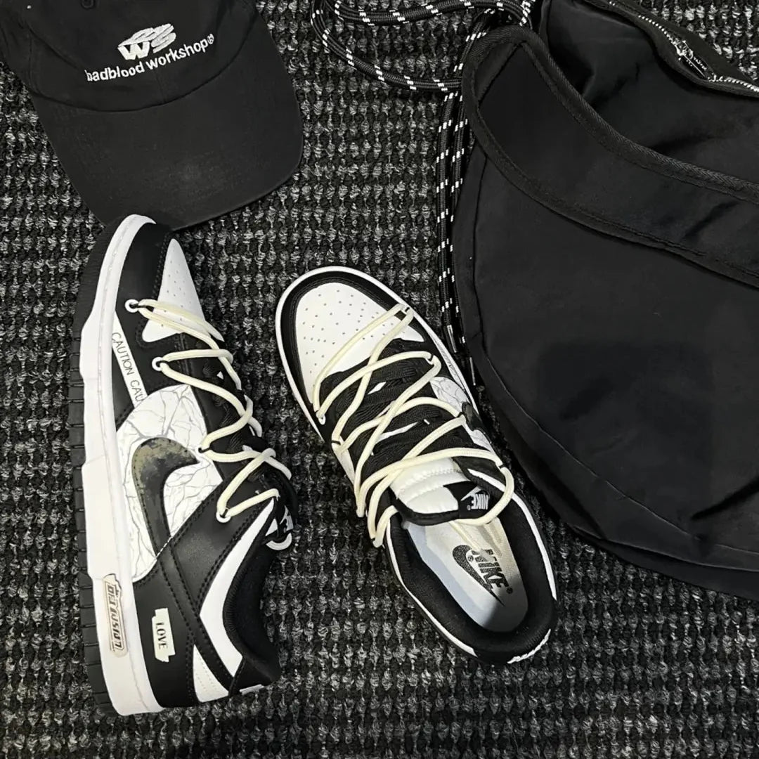 [Custom Crack]  Dunk Skateboarding Shoes Unisex Low-top Black/white/pink