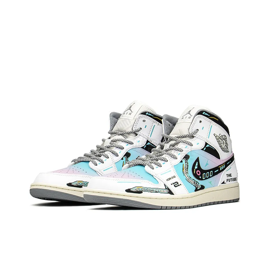 [Custom Cyber Cotton Candy] Jordan Air Jordan 1 Mid Unisex Skateboarding Shoes