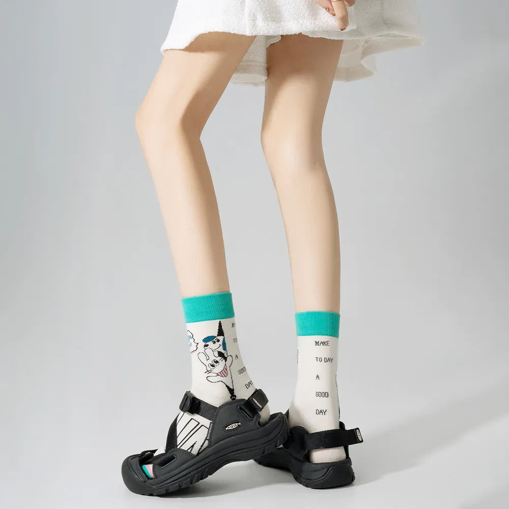 Cute Era - Oil Painting Trend Cartoon Design Sense Boneless Mid-Calf Socks Men And Women Alike 5 Pairs