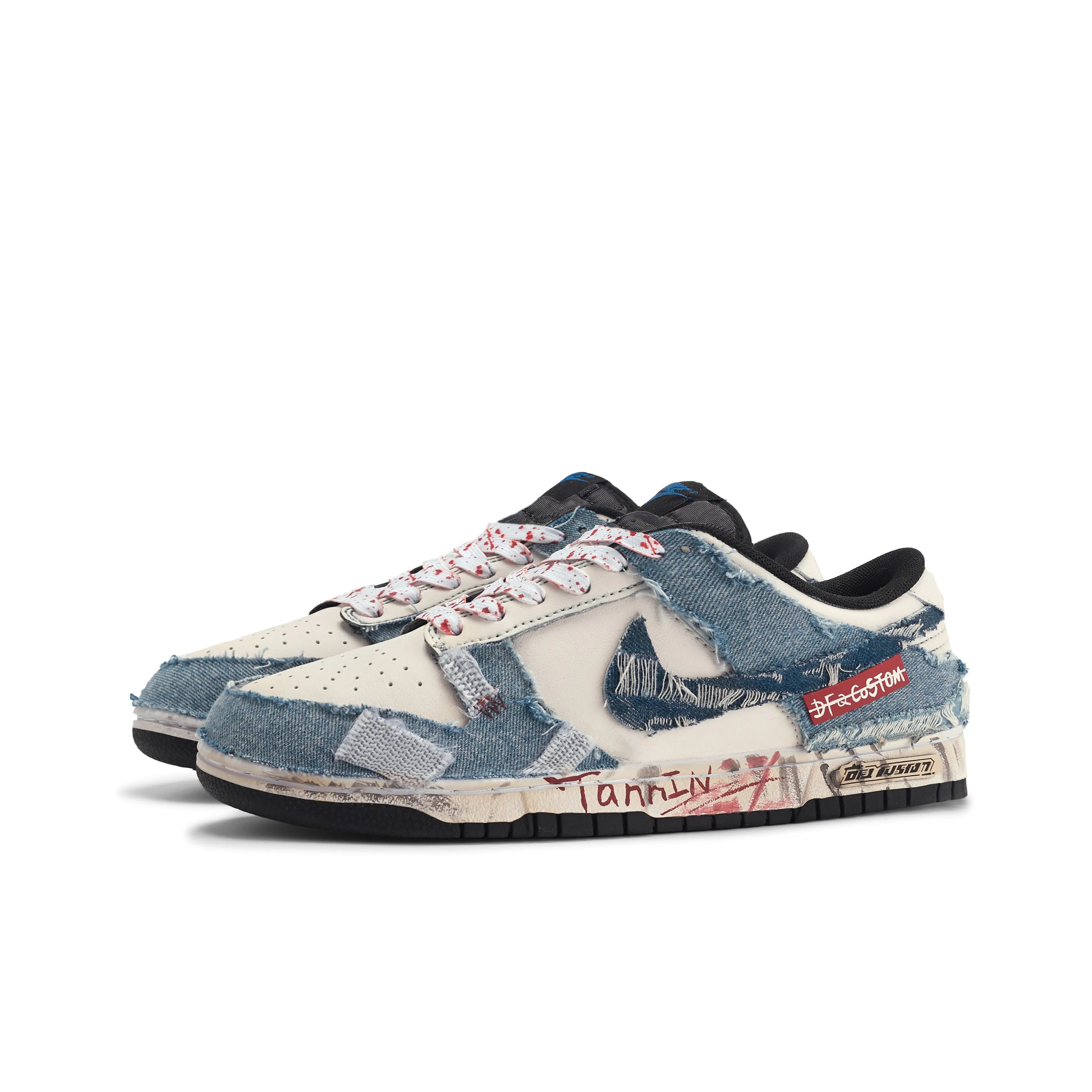 [Custom Patched Rebel] Dunk Low Skateboard Shoes Unisex Denim Style