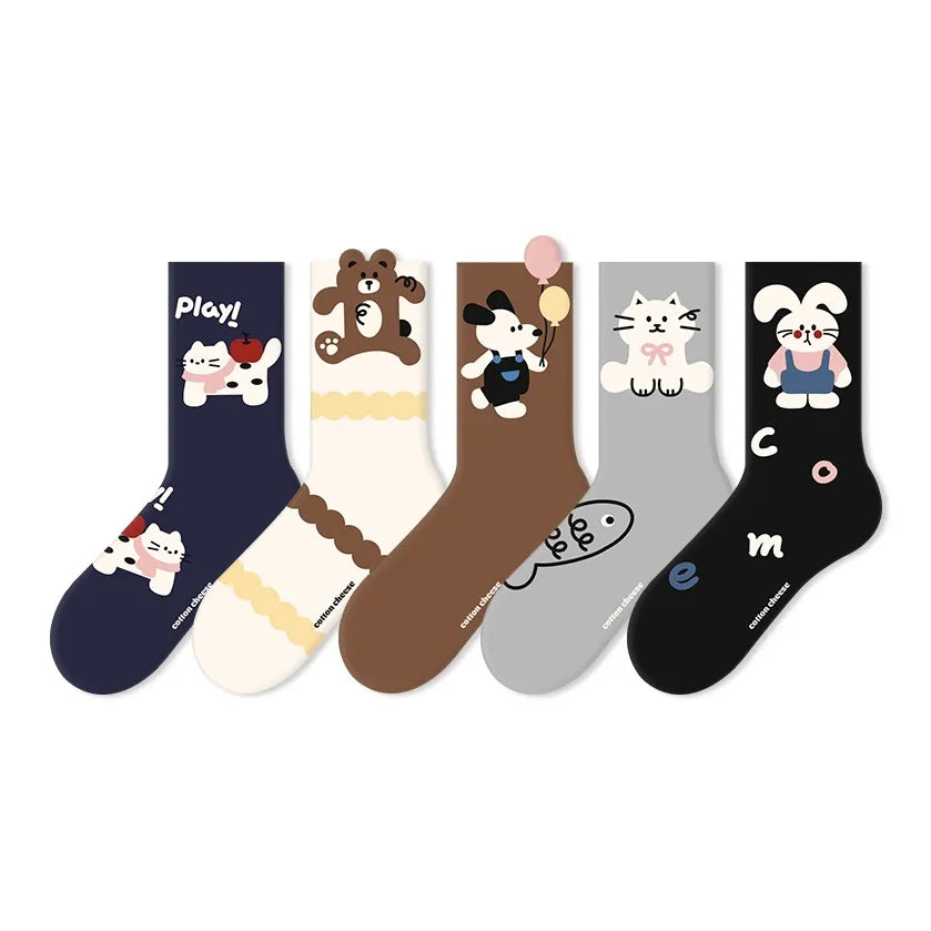 Cute Cartoon Moisture Transferring & Sweat Transferring Comfortable & Breathable Mid Calf Socks 5 Pairs