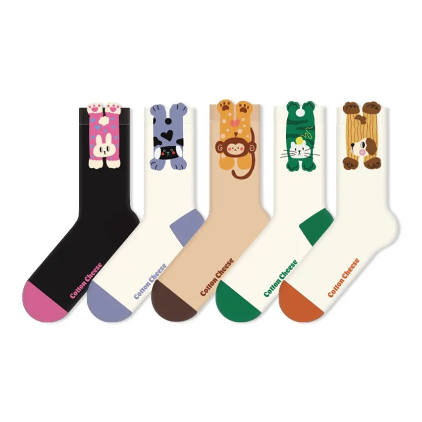 Cute Cartoon Moisture Transferring & Sweat Transferring Comfortable & Breathable Mid Calf Socks 5 Pairs