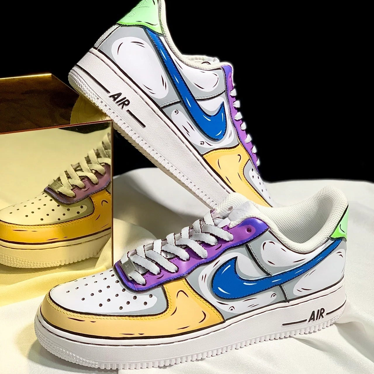 [Custom 2D orange purple green]  Air Force 1 Skateboarding Shoes Women's Low-top Blue, Yellow, Purple, White