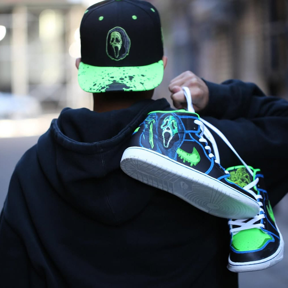 [Custom Scream] Air Jordan 1 Mid Top Unisex Skateboarding Shoes Black/Green